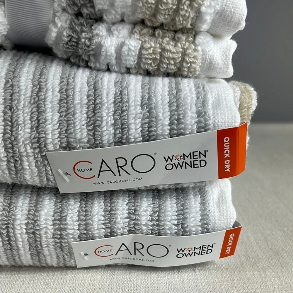 Caro Home Bath Towel Set White Gray Tan Stripe Plush Bath Hand Wash 8 Pc NEW